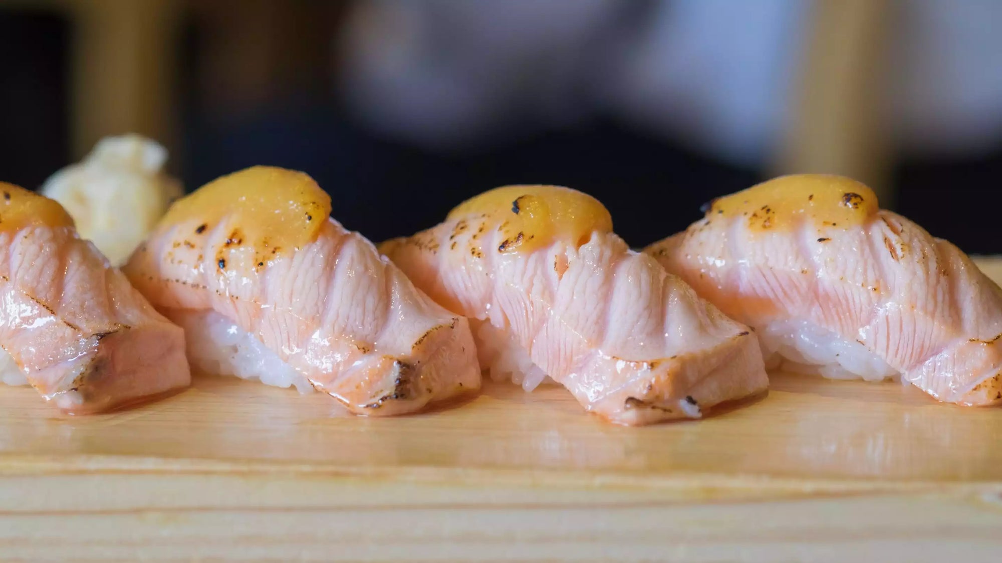 Nigiri-Style Baked Salmon Sushi with Fresh Uni