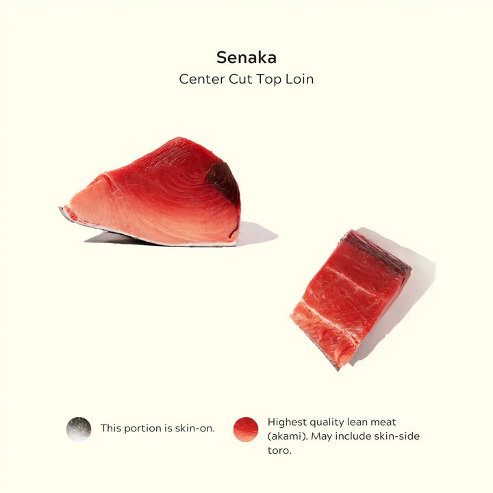 Bluefin Tuna Senaka Center Cut Top Loin - This portion is skin on - Highest quality lean meat (akami). May include skin-side toro - order fresh bluefin tuna online sushi sashimi grade home delivery riviera seafood club