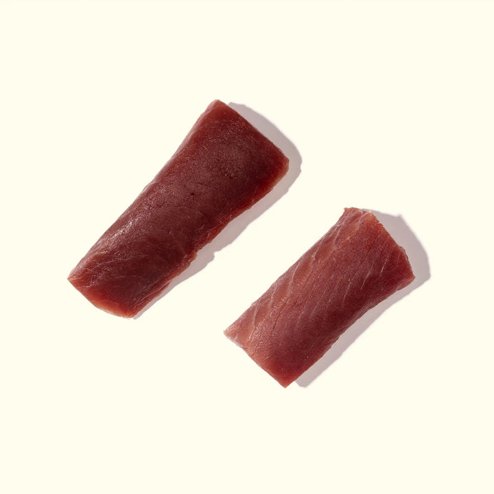 Wild Bigeye Tuna - overhead photo comparing 4oz vs 8oz saku blocks - big eye order fresh seafood online buy sushi sashimi grade fish home delivery riviera seafood club